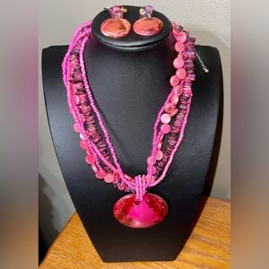 Multi Strand Pink Necklace and Earring Set